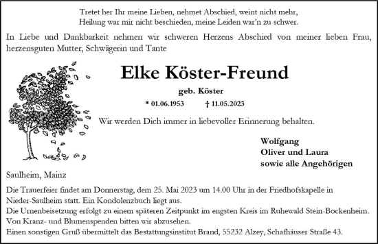 Traueranzeige von Elke Köster-Freund von Allgemeine Zeitung Alzey