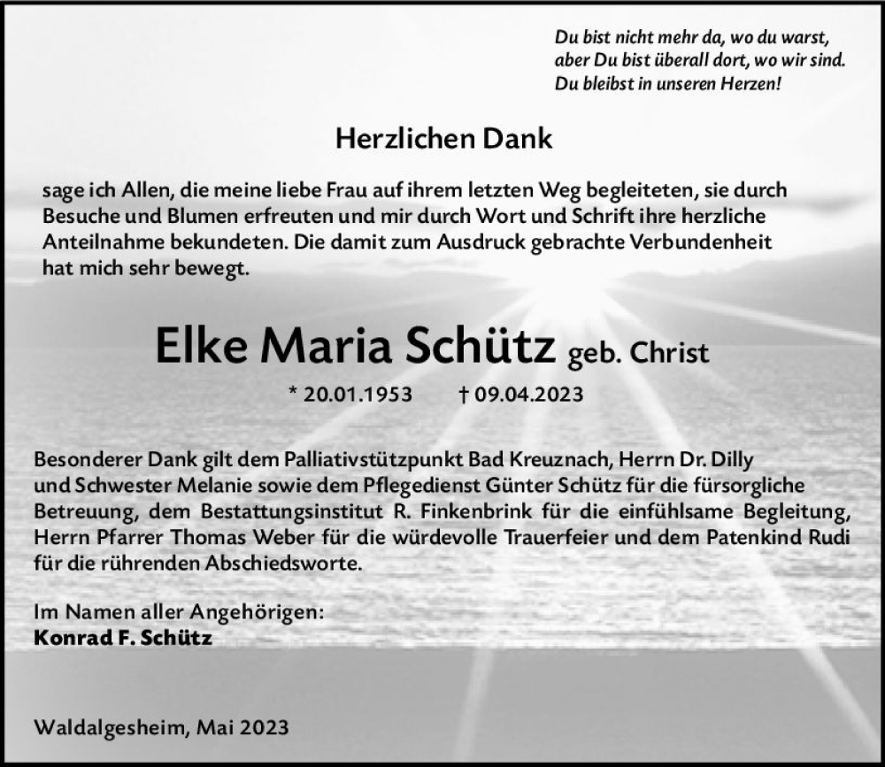  Traueranzeige für Elke Maria Schütz vom 27.05.2023 aus Bingen/Ingelheim WOBL inkl. Neue Binger Ztg.