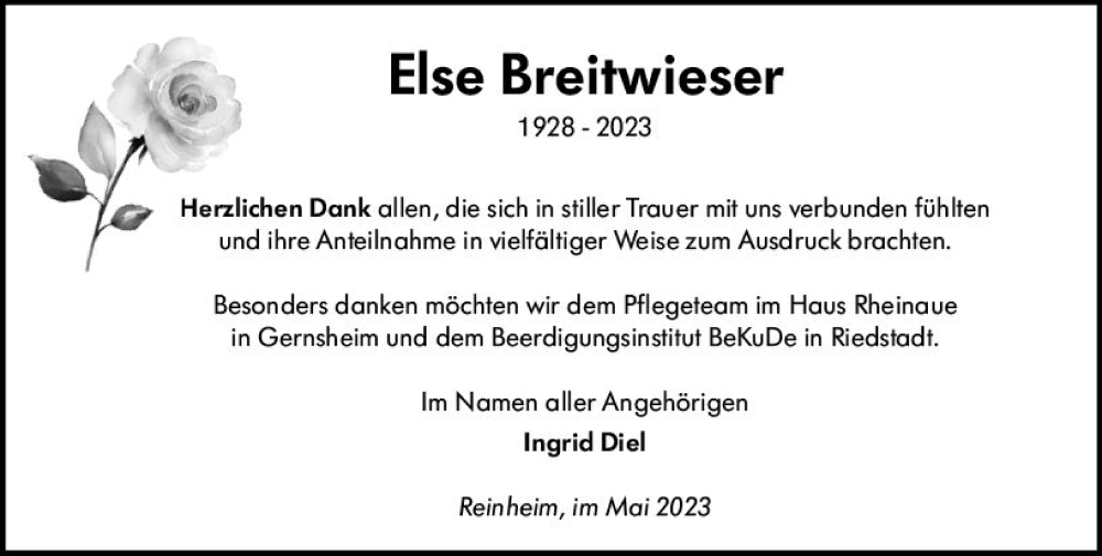  Traueranzeige für Else Breitwieser vom 06.05.2023 aus Darmstädter Echo