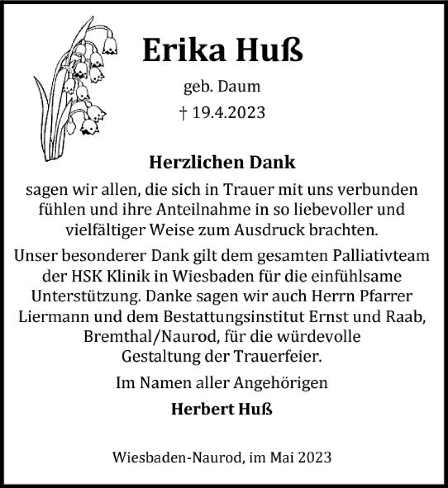  Traueranzeige für Erika Huß vom 20.05.2023 aus Wiesbadener Kurier