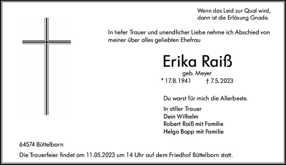  Traueranzeige für Erika Raiß vom 10.05.2023 aus Groß-Gerauer Echo