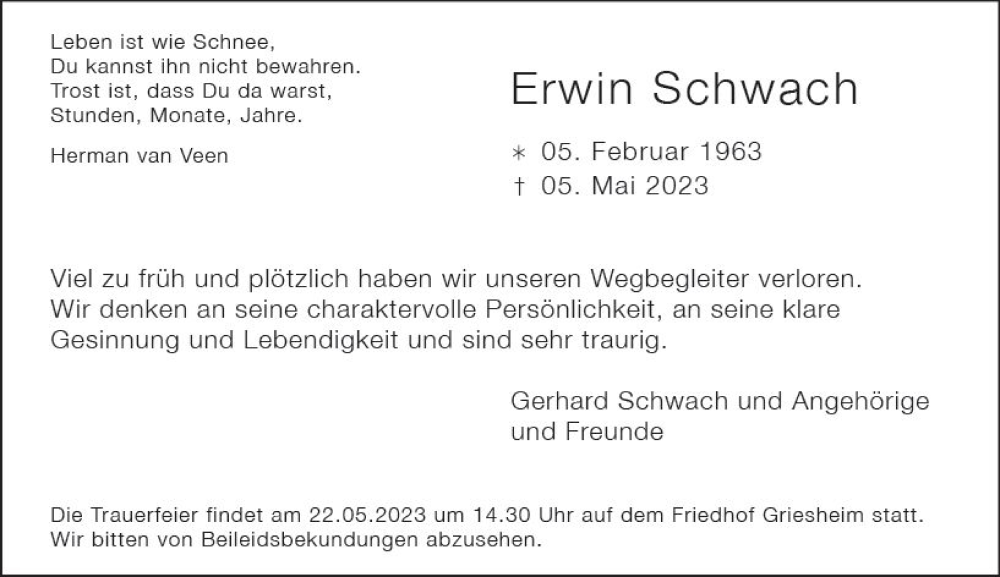  Traueranzeige für Erwin Schwach vom 13.05.2023 aus Groß-Gerauer Echo