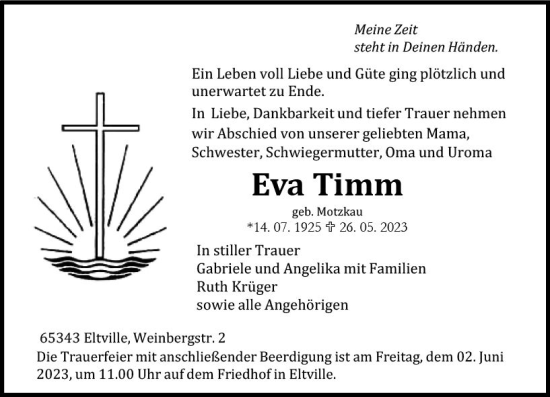 Traueranzeige von Eva Timm von Rheingau Kurier