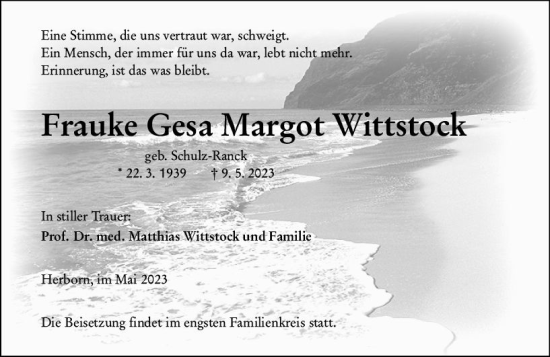 Traueranzeige von Frauke Gesa Margot Wittstock von Dill Block