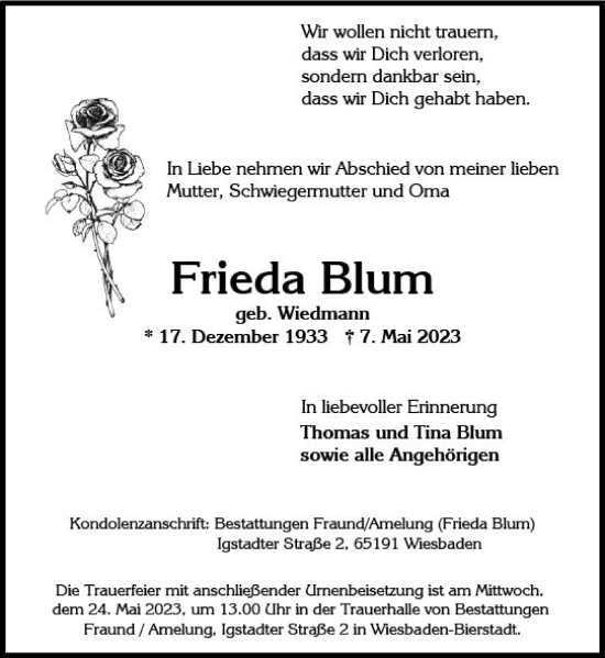 Traueranzeige von Frieda Blum von Wiesbadener Kurier
