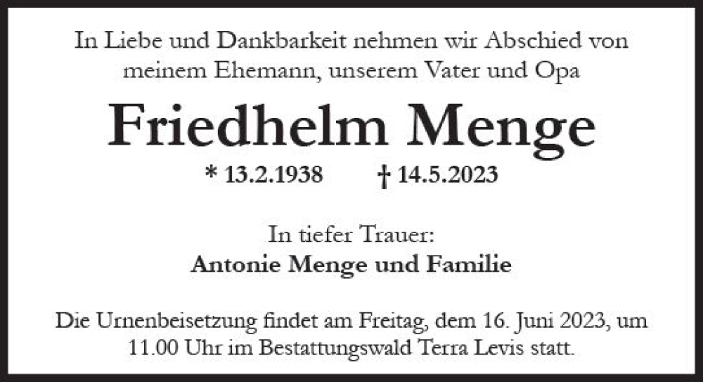  Traueranzeige für Friedhelm Menge vom 27.05.2023 aus Wiesbadener Kurier