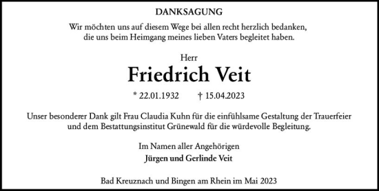 Traueranzeige von Friedrich Veit von Allgemeine Zeitung Bingen/Ingelheim