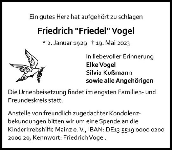 Traueranzeige von Friedrich  Vogel von Allgemeine Zeitung Mainz