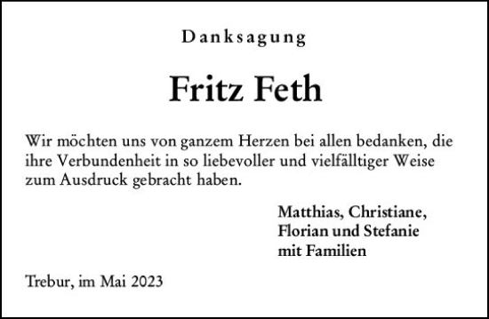 Traueranzeige von Fritz Feth von Rüsselsheimer Echo