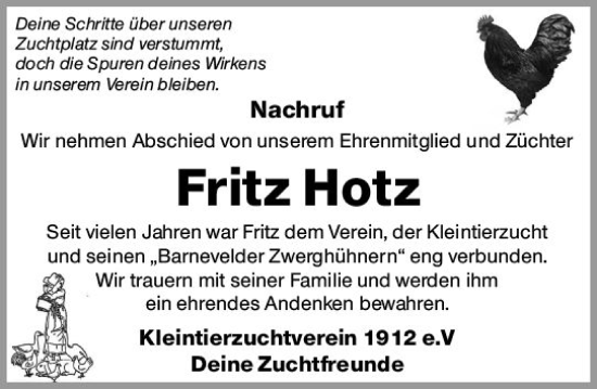 Traueranzeige von Fritz Hotz von Dieburger Anzeiger/Groß-Zimmerner Lokal-Anzeiger