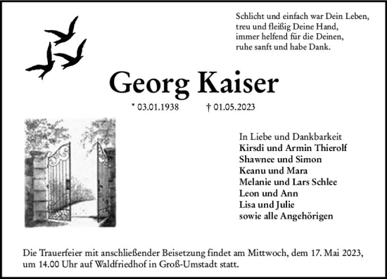 Traueranzeige von Georg Kaiser von Dieburger Anzeiger/Groß-Zimmerner Lokal-Anzeiger