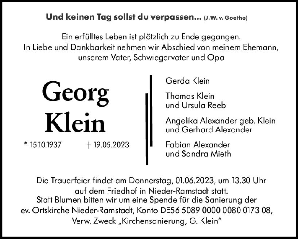  Traueranzeige für Georg Klein vom 27.05.2023 aus Darmstädter Echo