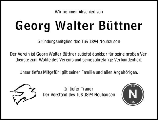 Traueranzeige von Georg Walter Büttner von Wormser Zeitung