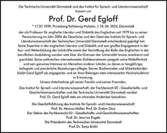 Traueranzeige von Gerd Egloff von Darmstädter Echo