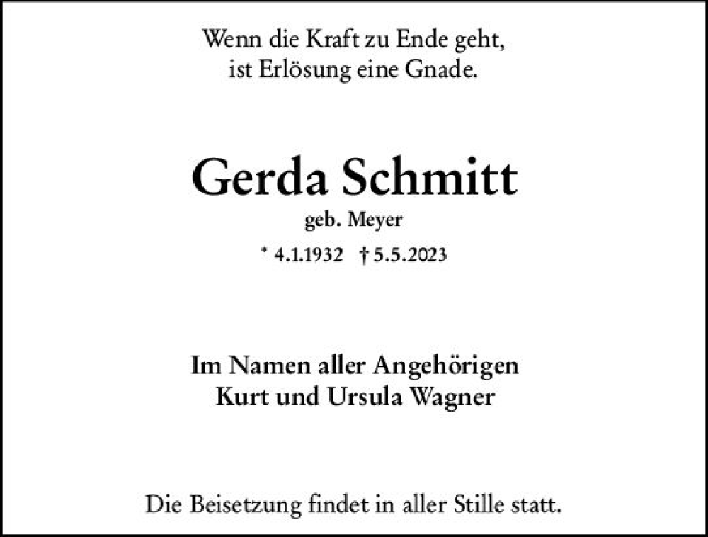  Traueranzeige für Gerda Schmitt vom 13.05.2023 aus Wiesbadener Kurier