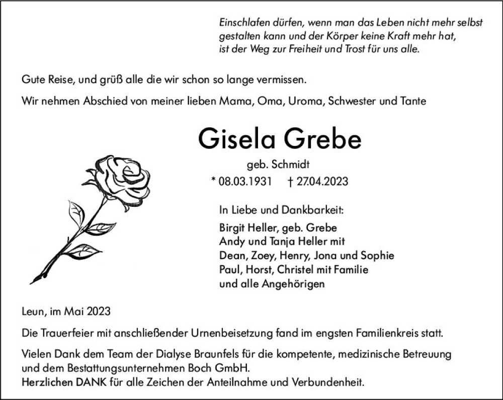  Traueranzeige für Gisela Grebe vom 26.05.2023 aus Wetzlarer Neue Zeitung