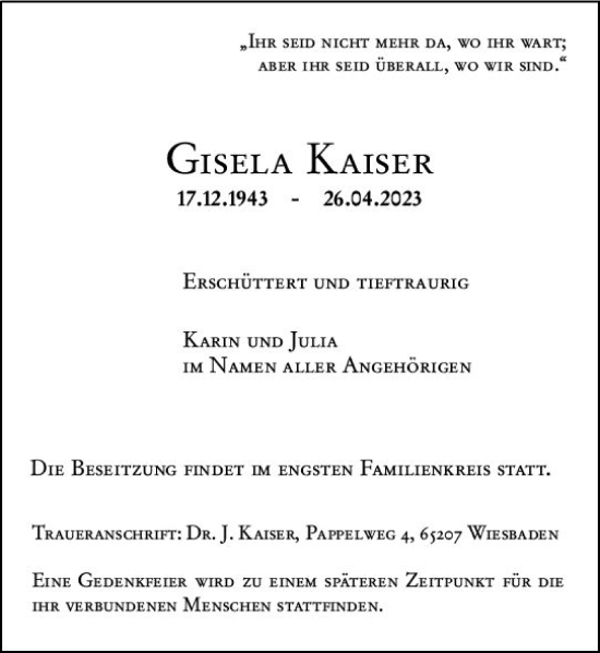 Traueranzeige von Gisela Kaiser von Wiesbadener Kurier