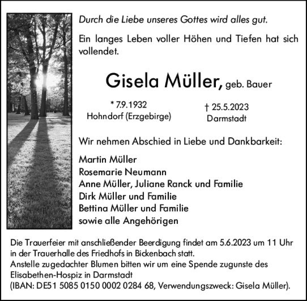  Traueranzeige für Gisela Müller vom 31.05.2023 aus Darmstädter Echo