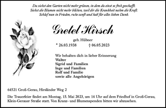 Traueranzeige von Gretel Hirsch von Groß-Gerauer Echo