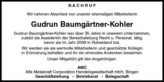 Traueranzeige von Gudrun Baumgärtner-Kohler von Allgemeine Zeitung Bingen/Ingelheim