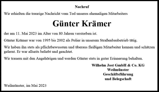 Traueranzeige von Günter Krämer von Weilburger Tageblatt