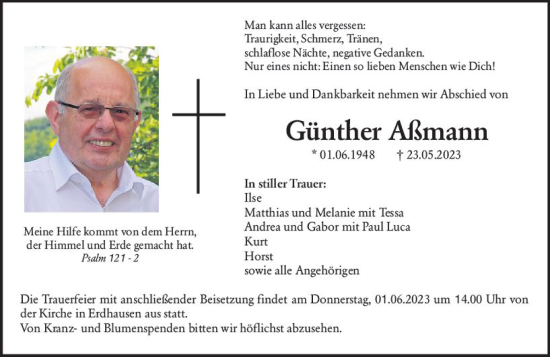 Traueranzeige von Günther Aßmann von Hinterländer Anzeiger