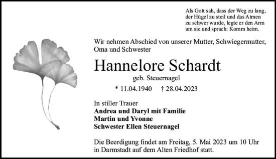 Traueranzeige von Hannelore Schardt von Darmstädter Echo