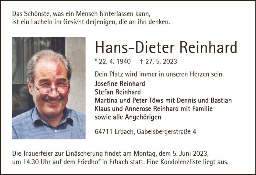  Traueranzeige für Hans-Dieter Reinhard vom 31.05.2023 aus Odenwälder Echo