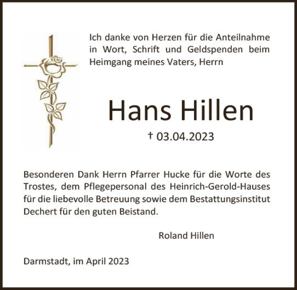  Traueranzeige für Hans Hillen vom 03.05.2023 aus Darmstädter Echo