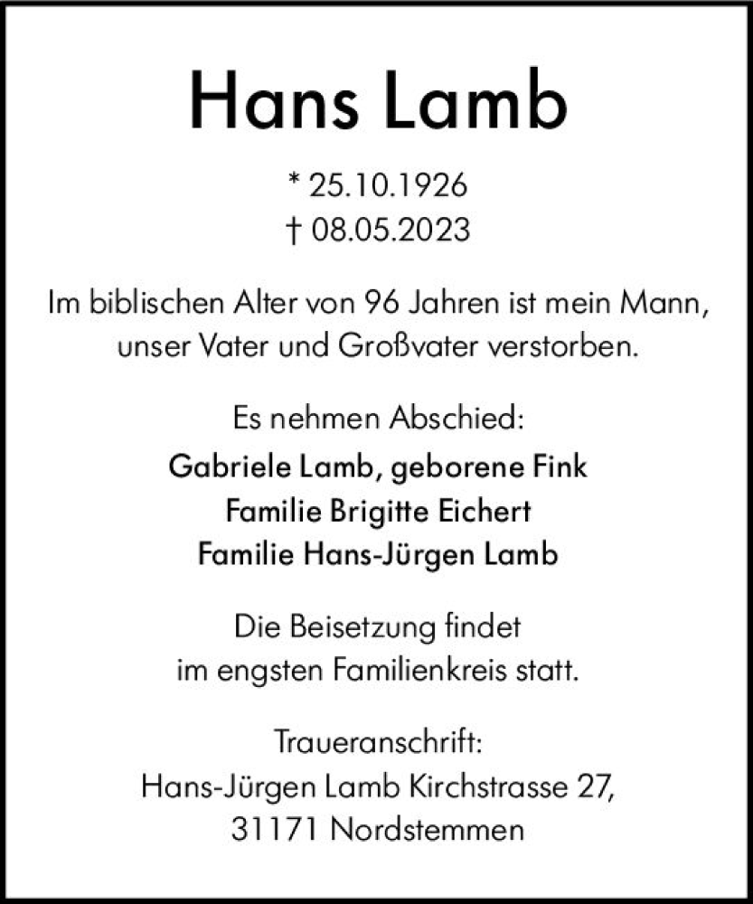  Traueranzeige für Hans Lamb vom 26.05.2023 aus Wormser Zeitung