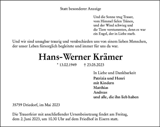 Traueranzeige von Hans-Werner Krämer von Dill Block