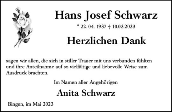 Traueranzeige von Hans Josef Schwarz von Bingen/Ingelheim WOBL inkl. Neue Binger Ztg.