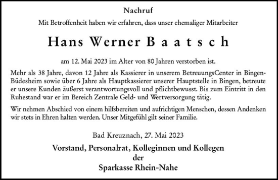 Traueranzeige von Hans Werner Baatsch von Allgemeine Zeitung Bingen/Ingelheim