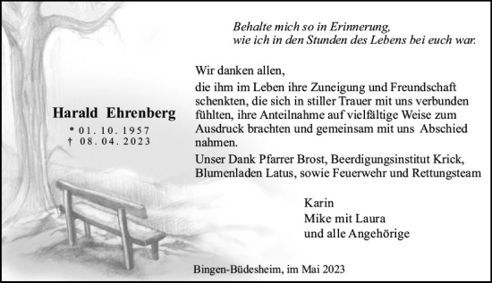 Traueranzeige von Harald Ehrenberg von Bingen/Ingelheim WOBL inkl. Neue Binger Ztg.
