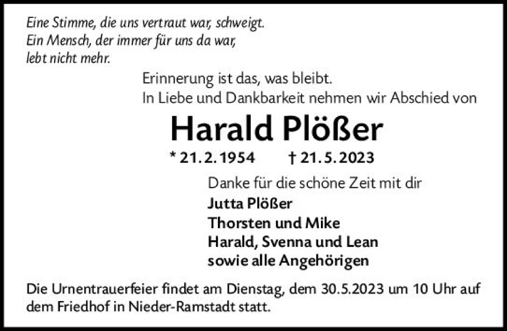  Traueranzeige für Harald Plößer vom 27.05.2023 aus Darmstädter Echo