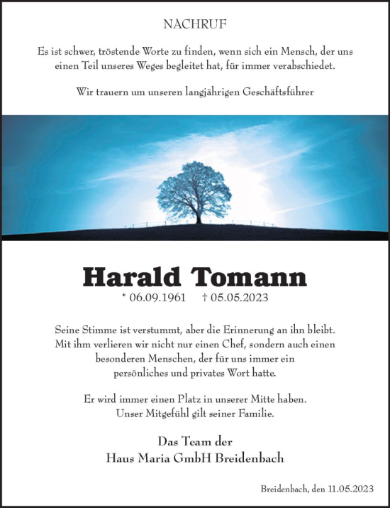 Traueranzeige von Harald Tomann von Hinterländer Anzeiger