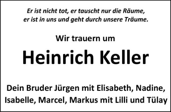 Traueranzeige von Heinrich Keller von Darmstädter Echo