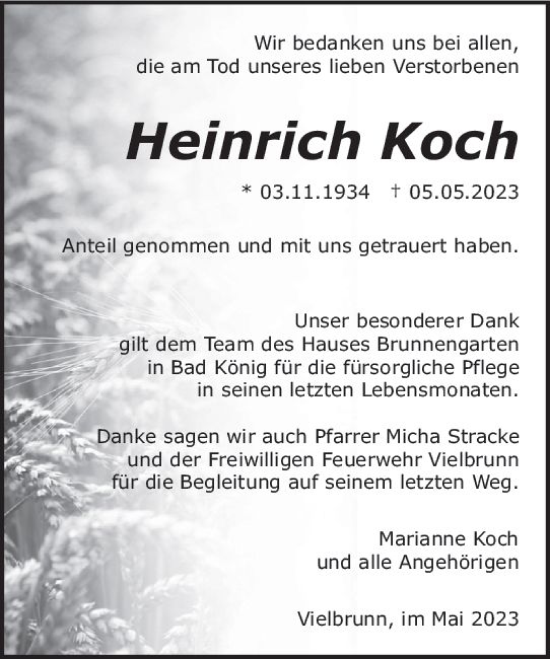 Traueranzeige von Heinrich Koch von Odenwälder Echo