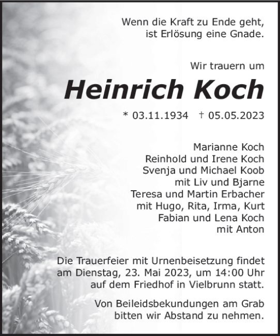 Traueranzeige von Heinrich Koch von Odenwälder Echo