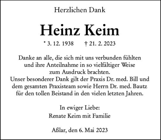 Traueranzeige von Heinz Keim von Wetzlarer Neue Zeitung