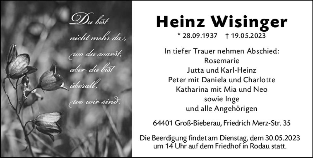  Traueranzeige für Heinz Wisinger vom 27.05.2023 aus Darmstädter Echo