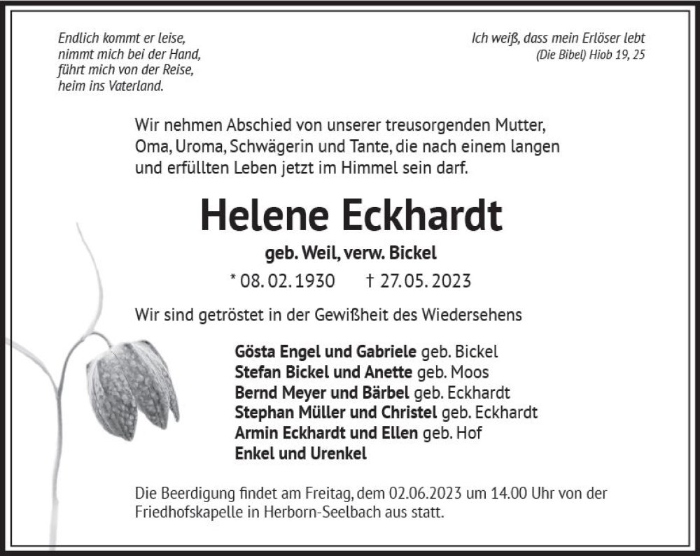  Traueranzeige für Helene Eckhardt vom 31.05.2023 aus Dill Block