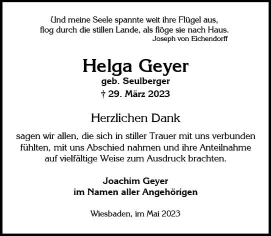 Traueranzeige von Helga Geyer von Wiesbadener Kurier