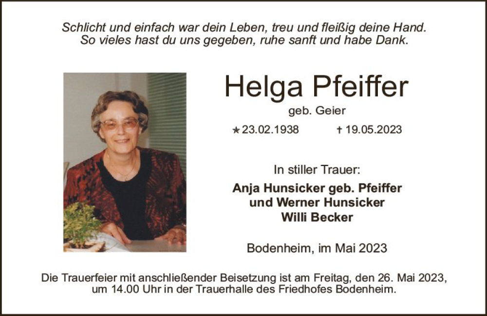  Traueranzeige für Helga Pfeiffer vom 24.05.2023 aus Allgemeine Zeitung Mainz