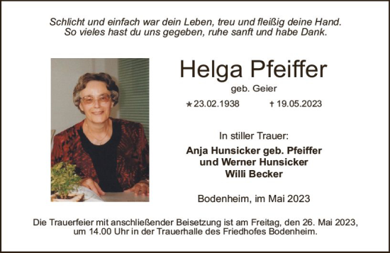 Traueranzeige von Helga Pfeiffer von Allgemeine Zeitung Mainz