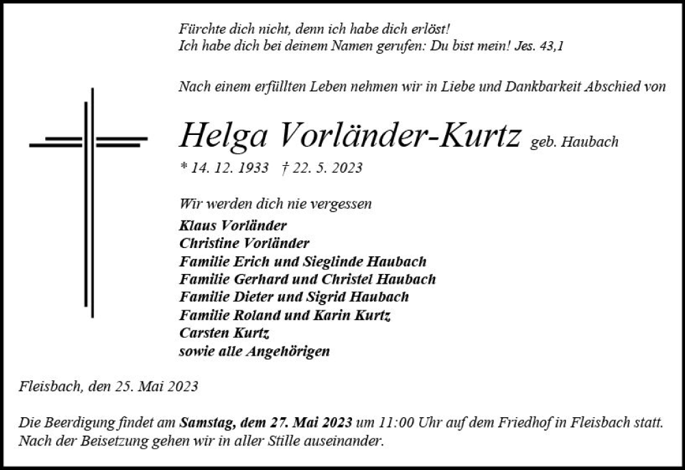 Traueranzeige für Helga Vorländer-Kurtz vom 25.05.2023 aus Dill Block