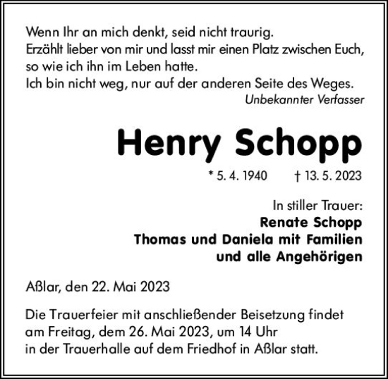 Traueranzeige von Henry Schopp von Wetzlarer Neue Zeitung
