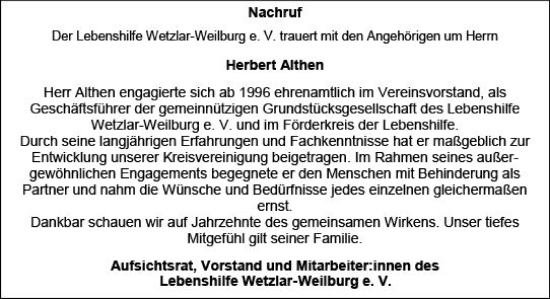 Traueranzeige von Herbert Althen von Weilburger Tageblatt