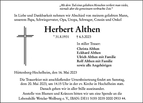 Traueranzeige von Herbert Althen von Wetzlarer Neue Zeitung
