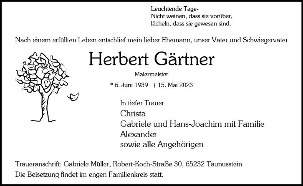  Traueranzeige für Herbert Gärtner vom 27.05.2023 aus Wiesbadener Kurier
